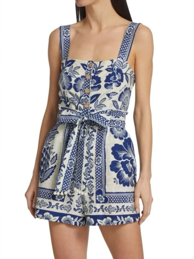 Farm Rio Women's Pineapple Garden Romper In Blue And White Porcelain Size Small